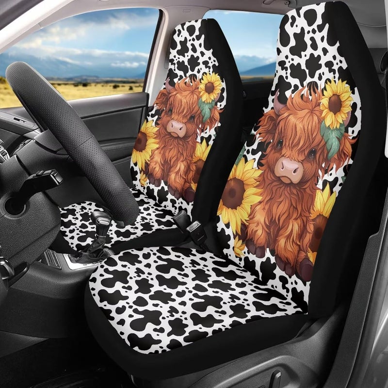 TOADDMOS Cute Sunflower Highland Cow Front Seat Covers for Cars Bucket Seat Covers Black Cow Spots Decorative Automotive Seat Cushion Protectors Covers Automotive Accessories Interior Decoration - Image 2