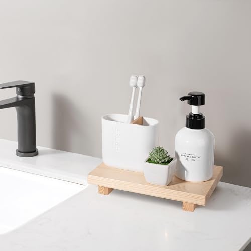 zoocatia Bathroom Counter Organizer Wood Pedestal Stand Farmhouse Decorative Tray Soap Holder for Kitchen Decor, 9" x 6" - Burlywood - Image 2