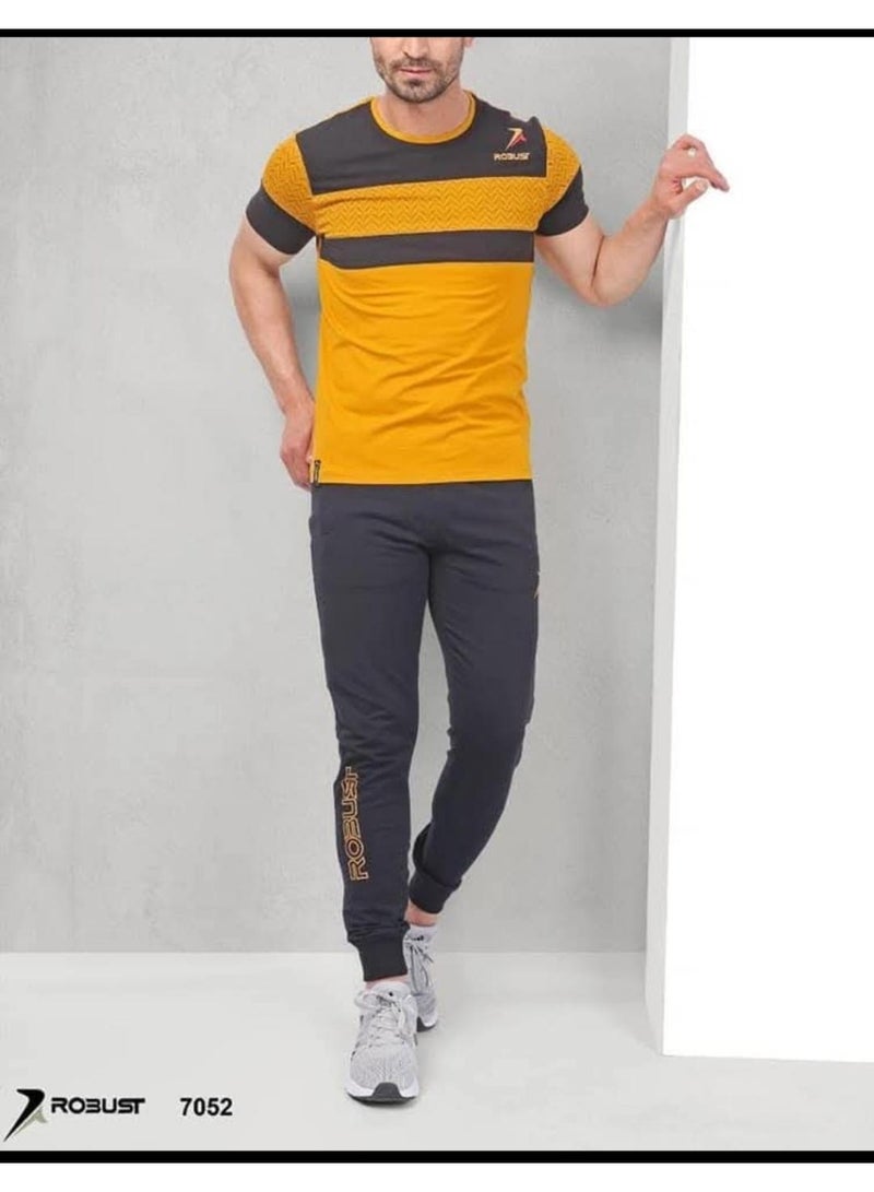Robust Men's Summer Pajama Set - Yellow Striped T-Shirt & Dark Grey Pants