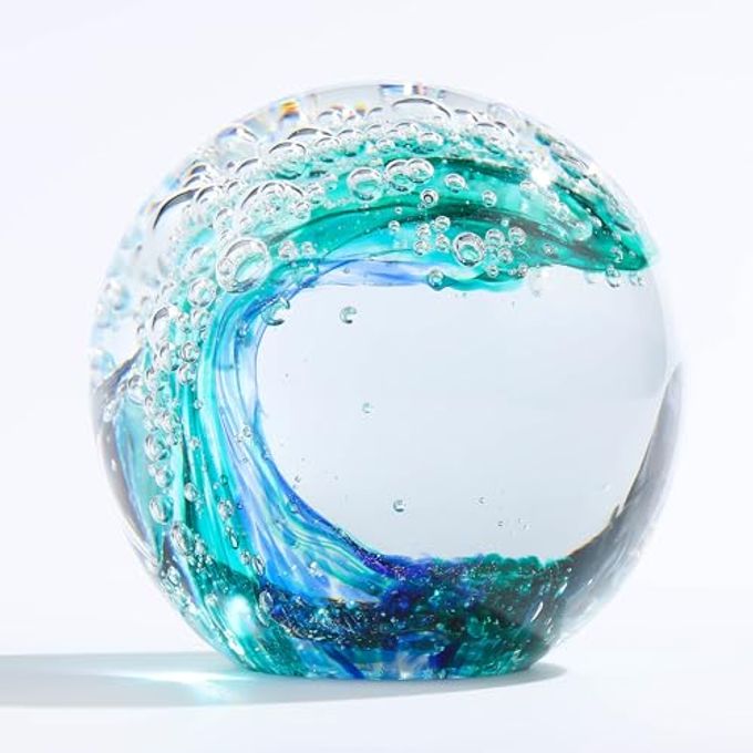 Qianwei Hand Blown Ocean Waves Crystal Ball Glass Collectible Figurines Spere Paperweight Glass Ball Aquarium DecorOffice Decor Ocean Lovers - Image 4