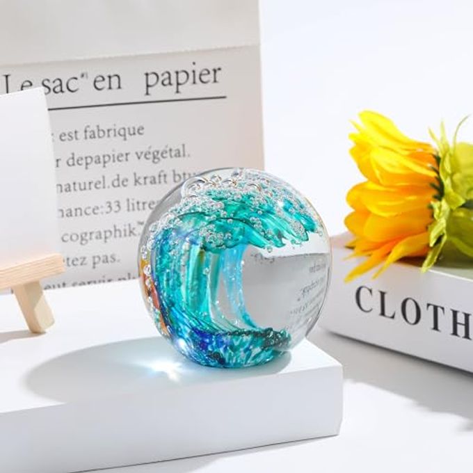 Qianwei Hand Blown Ocean Waves Crystal Ball Glass Collectible Figurines Spere Paperweight Glass Ball Aquarium DecorOffice Decor Ocean Lovers - Image 3