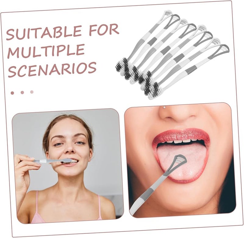8 قطع فرشاة أسنان برأس مزدوج ومكشطة لسان بشعيرات سيليكون ناعمة للعناية اللطيفة باللثة ومناسبة للسفر باللون الأبيض - Image 4
