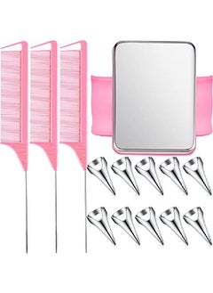 Patelai 10 Pieces Hair Parting Ring 3 Pieces Steel Rat Tail Braiding Comb For Parting And Magnetic Wrist Pin Hair Parting Selecting Tool Parting Combs For Braiding (Pink Comb Silver Hair Parting Ring)  - Image 1