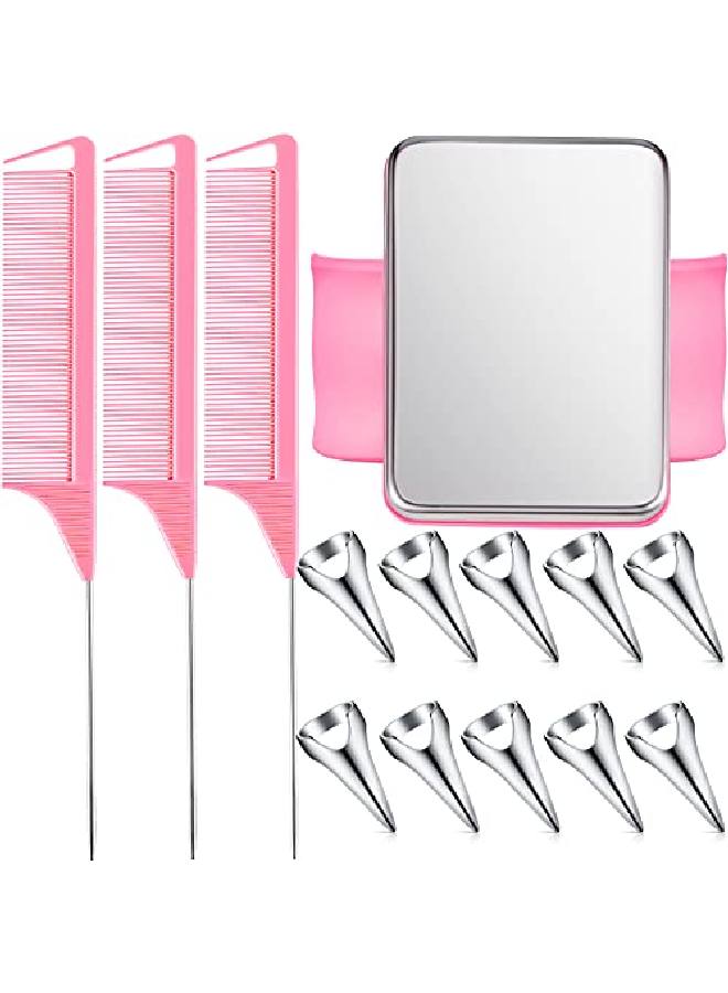 Patelai 10 Pieces Hair Parting Ring 3 Pieces Steel Rat Tail Braiding Comb For Parting And Magnetic Wrist Pin Hair Parting Selecting Tool Parting Combs For Braiding (Pink Comb Silver Hair Parting Ring)  - Image 1