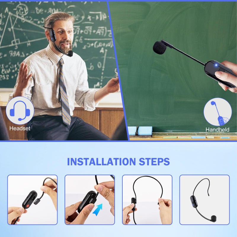 Lococo Wireless Microphone Headset Double Professional: Cordless Mic Head for Two People, Heads Handheld Mics 2 in 1- USB-C Rechargeable - 1/4'' and 1/8'' Plug for PA System, Voice Amplifier,Teaching,Fitness - Image 5