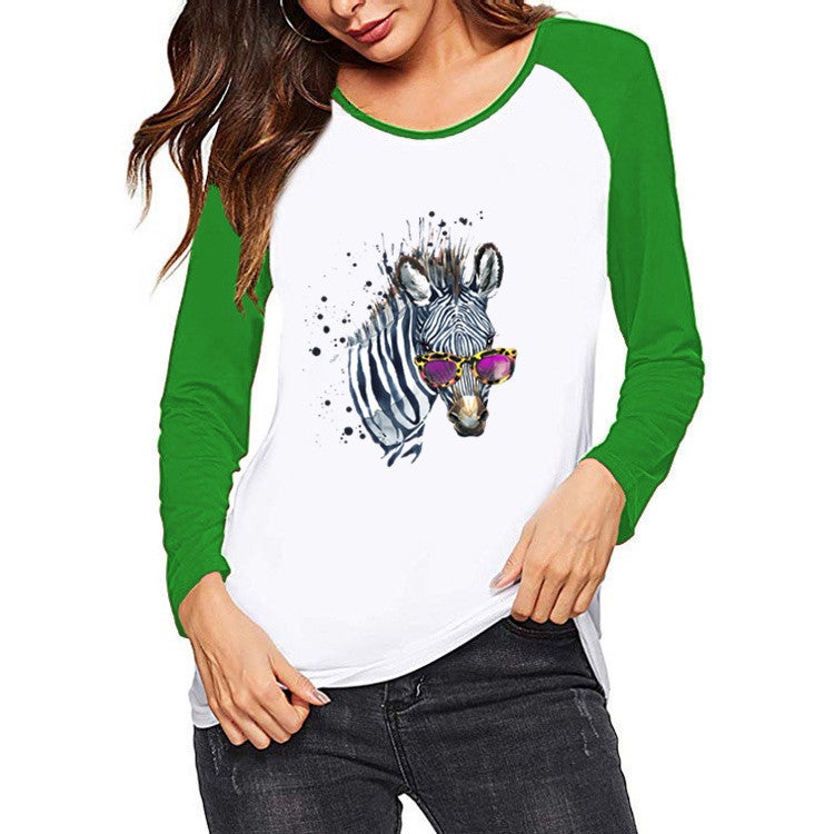 wish Independent Station Interesting Animal Pattern Printed Contrast Color Long Sleeve T-shirt for Women - Image 1