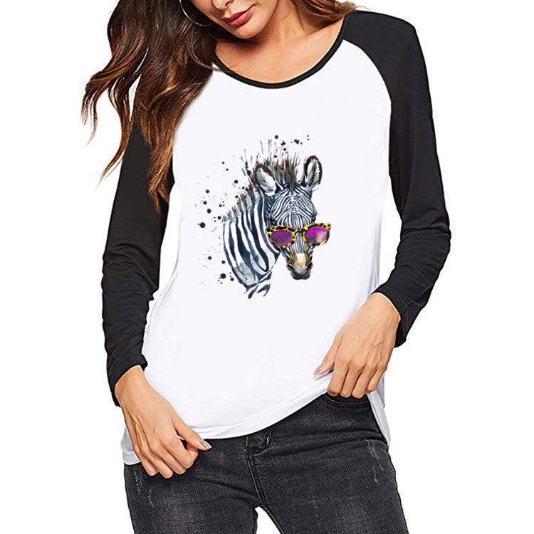 wish Independent Station Interesting Animal Pattern Printed Contrast Color Long Sleeve T-shirt for Women - Image 3