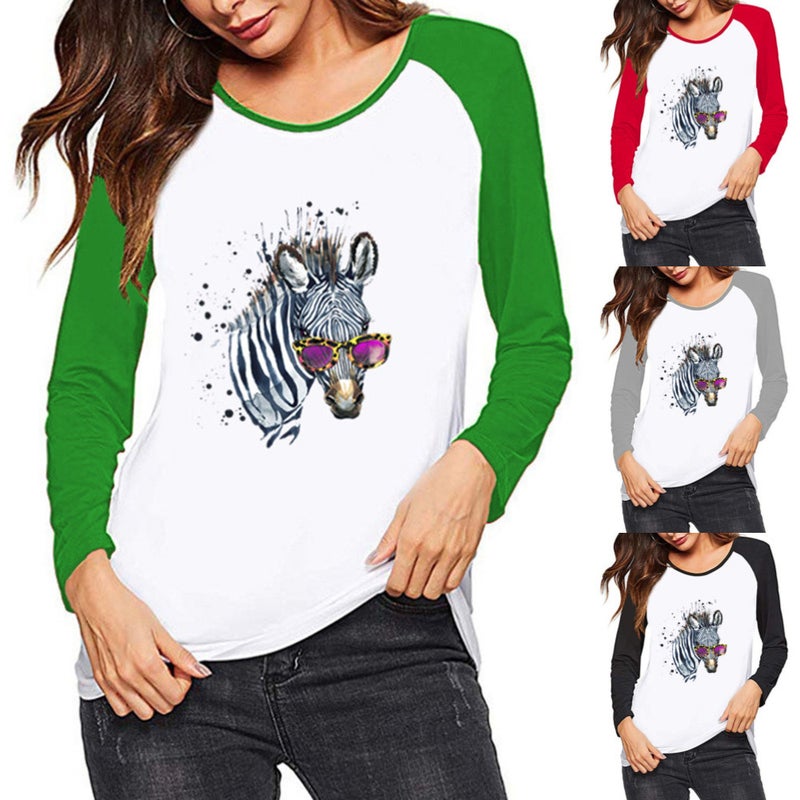 wish Independent Station Interesting Animal Pattern Printed Contrast Color Long Sleeve T-shirt for Women - Image 2