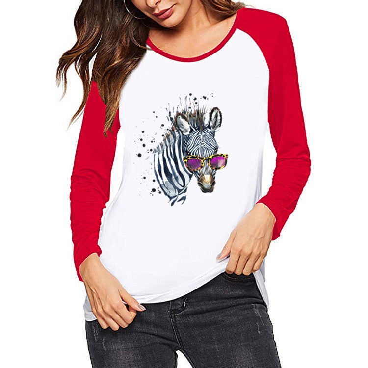 wish Independent Station Interesting Animal Pattern Printed Contrast Color Long Sleeve T-shirt for Women - Image 4