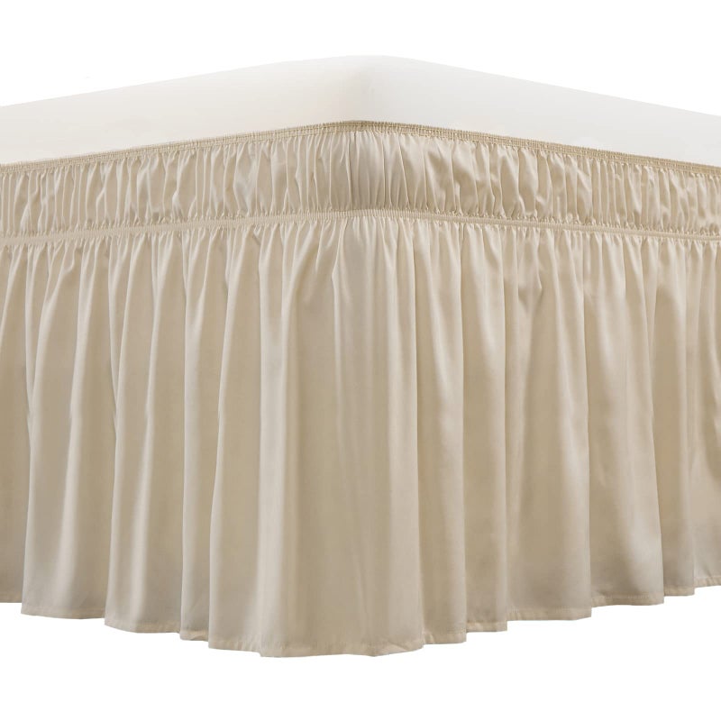MEILA Wrap Around Bed Skirt Three Fabric Sides Elastic Dust Ruffled 18 Inch Tailored DropEasy to Install Fade ResistantBeige QueenKing