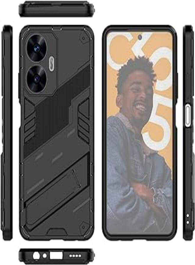 phone case compatible with Realme C55 4G Punk Armor 2 in 1 PC + TPU Shockproof Phone Case with Invisible Holder For realme C55 4G (black)