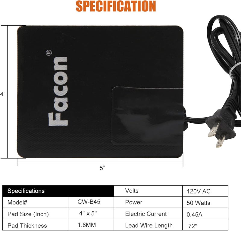 FACON 5'' x 4'' Automotive Engine Block Heater Pad with 3M Self Adhesive and Thermostatically Controlled, 50W Engine Oil Pan Heater Pad with 2-Prong Plug, Silicone Sealer Included - Image 3