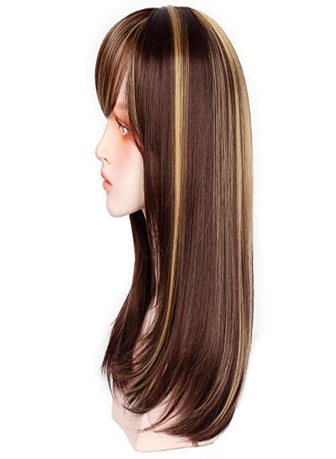 بلوشيا شعر مستعار صناعي كامل الرأس للنساء من BLUSHIA، طويل مع خصلات ذهبية، مناسب للنساء/شعر مستعار طبيعي (بني مع خصلات ذهبية) (غطاءان للشعر المستعار + حقيبة حمل مجاناً) - Image 5