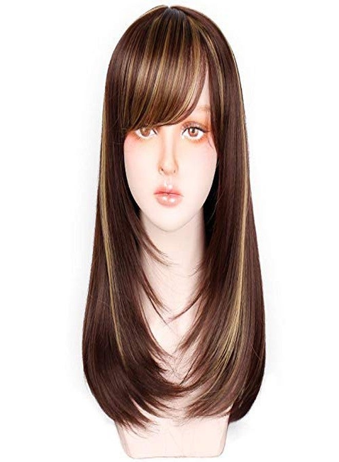 بلوشيا شعر مستعار صناعي كامل الرأس للنساء من BLUSHIA، طويل مع خصلات ذهبية، مناسب للنساء/شعر مستعار طبيعي (بني مع خصلات ذهبية) (غطاءان للشعر المستعار + حقيبة حمل مجاناً) - Image 1