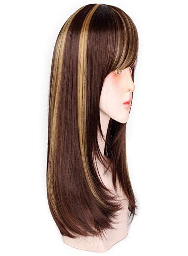 بلوشيا شعر مستعار صناعي كامل الرأس للنساء من BLUSHIA، طويل مع خصلات ذهبية، مناسب للنساء/شعر مستعار طبيعي (بني مع خصلات ذهبية) (غطاءان للشعر المستعار + حقيبة حمل مجاناً) - Image 3