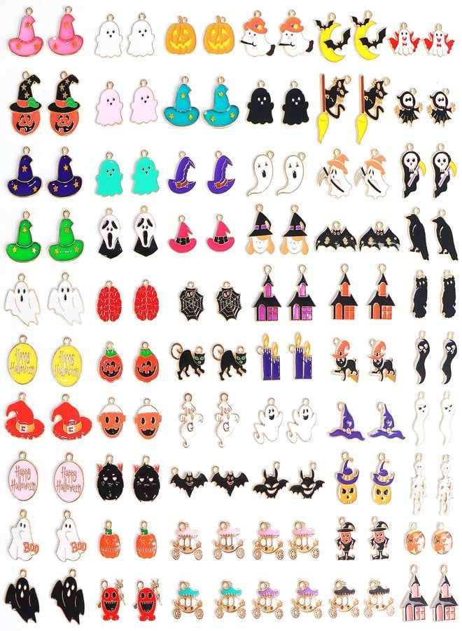 PPVWEY 120 Pcs Halloween Charms for Jewelry Making,Assorted Enamel Halloween Charms Bulk,Pumpkin Witch Hat Ghost Spider Bat Skull Pendants for Earrings Necklace Bracelet Jewelry Making DIY Crafts - Image 1