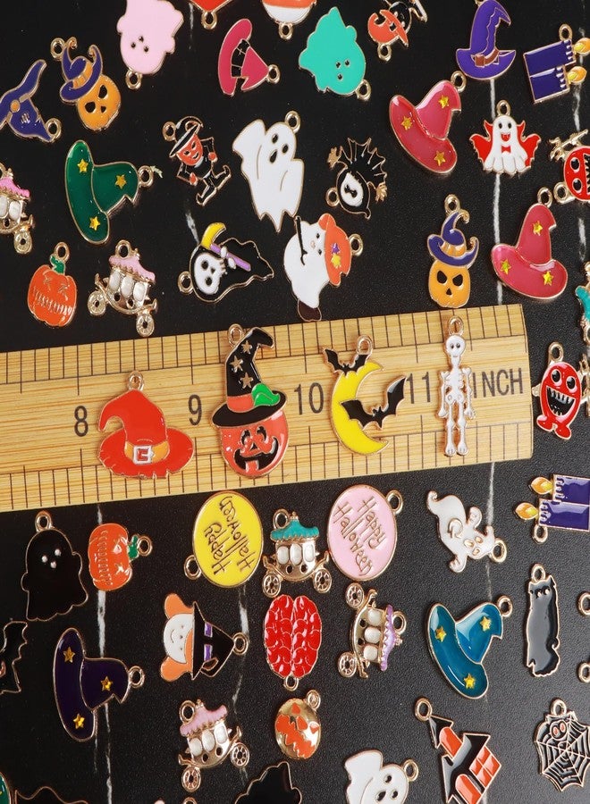 PPVWEY 120 Pcs Halloween Charms for Jewelry Making,Assorted Enamel Halloween Charms Bulk,Pumpkin Witch Hat Ghost Spider Bat Skull Pendants for Earrings Necklace Bracelet Jewelry Making DIY Crafts - Image 2