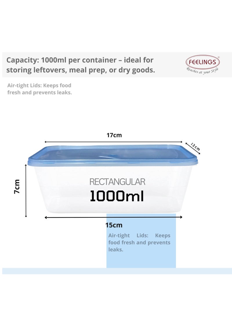 FEELINGS Plastic Food Containers with Lids, 5-Piece Set, 1000ml Each, BPA-Free, Airtight, Freezer/Microwave/Dishwasher Safe, Space-Saving