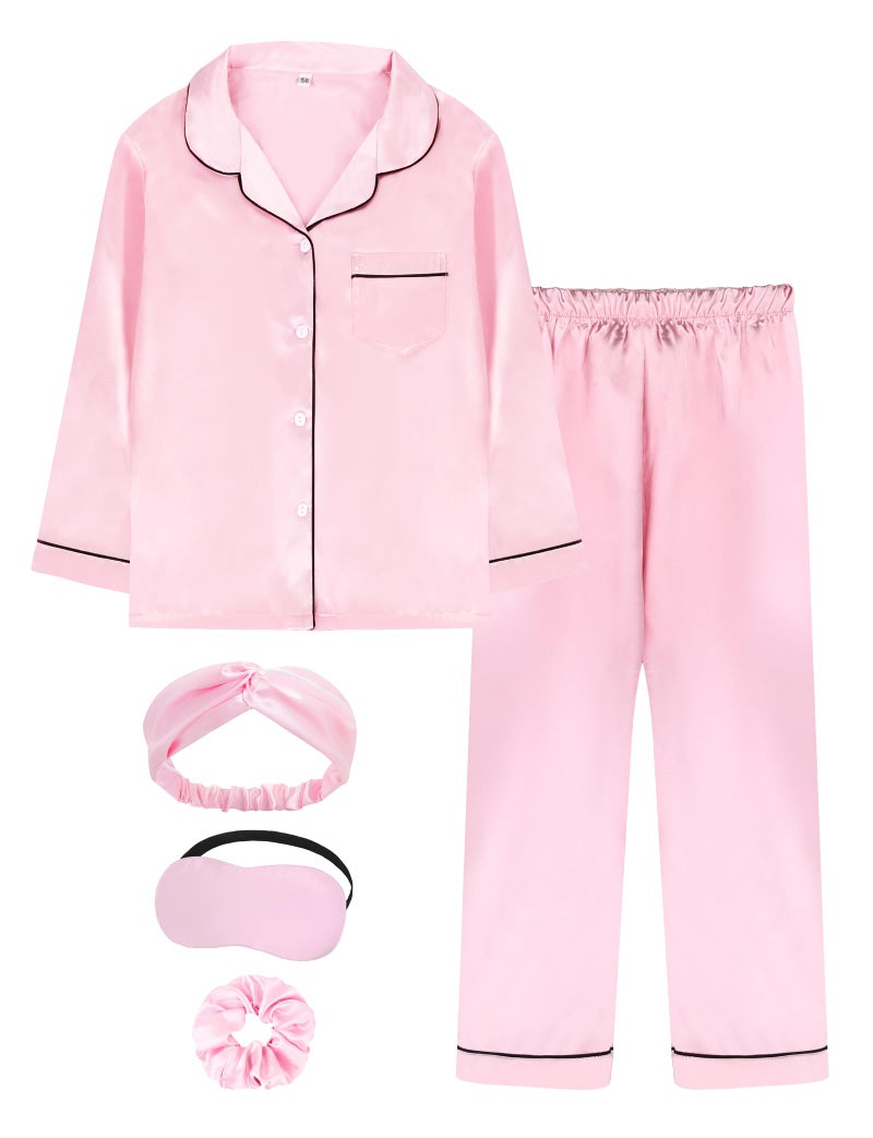 EPLAZA Kids Satin Pajamas Sets Girls Boys Button-Down Silky Pajamas Sleepwear with Hairband Eye Mask Hair Tie (Pink, 140) - Image 1