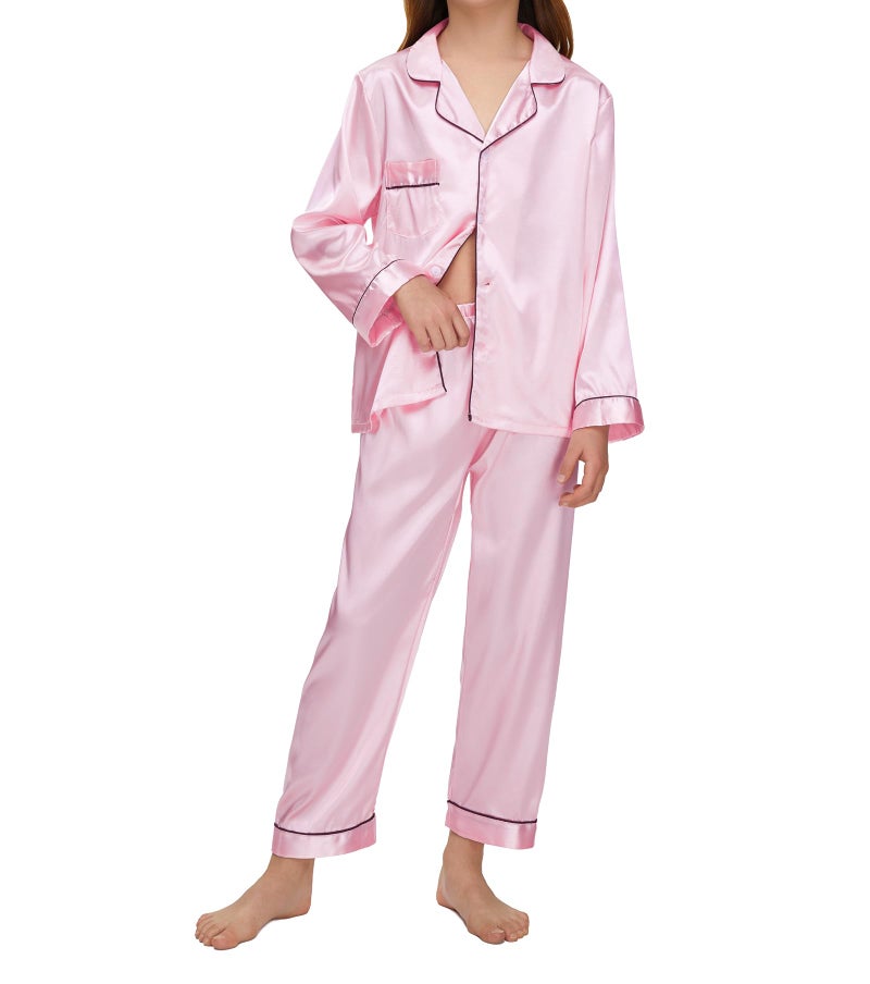 EPLAZA Kids Satin Pajamas Sets Girls Boys Button-Down Silky Pajamas Sleepwear with Hairband Eye Mask Hair Tie (Pink, 140) - Image 2