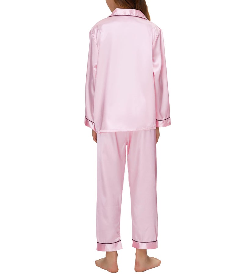 EPLAZA Kids Satin Pajamas Sets Girls Boys Button-Down Silky Pajamas Sleepwear with Hairband Eye Mask Hair Tie (Pink, 140) - Image 3