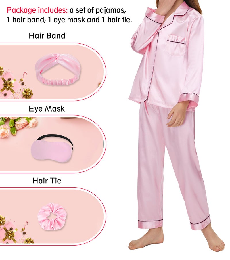 EPLAZA Kids Satin Pajamas Sets Girls Boys Button-Down Silky Pajamas Sleepwear with Hairband Eye Mask Hair Tie (Pink, 140) - Image 4