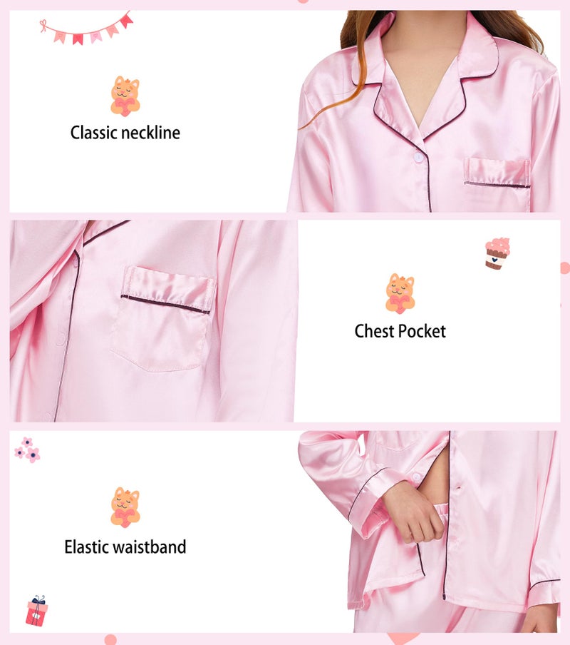 EPLAZA Kids Satin Pajamas Sets Girls Boys Button-Down Silky Pajamas Sleepwear with Hairband Eye Mask Hair Tie (Pink, 140) - Image 5