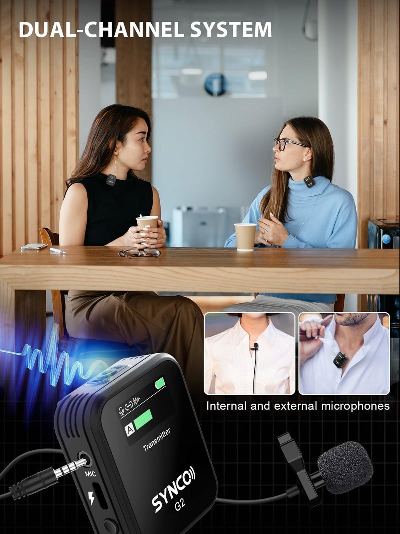 SYNCO Wireless Lavalier Microphone, G2(A2) 2.4G Dual Transmitter 48KHz 24Bit Lapel Mic 656FT 8H for Online Class Vlog Stream YouTube for Camera Smartphone Tablet - Image 2