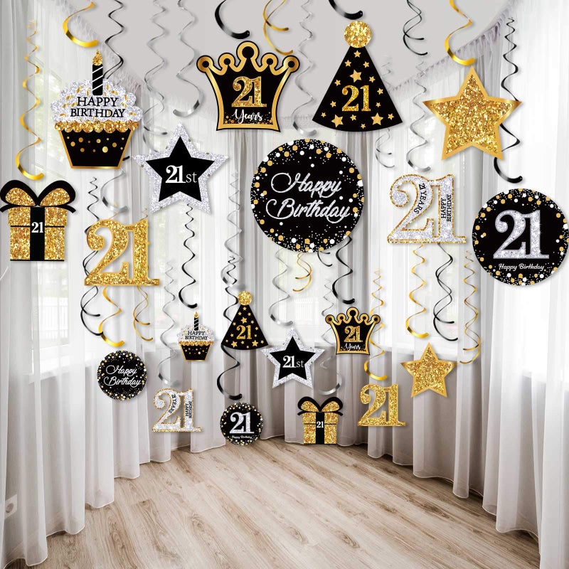 Frienda 30 Pieces 21st Birthday Party Decorations 21st Birthday Party Decorative Cards and Hanging Swirls Ceiling Decorations Shiny Celebration Hanging Swirls Decorations for 21st Birthday Party Supplies - Image 1