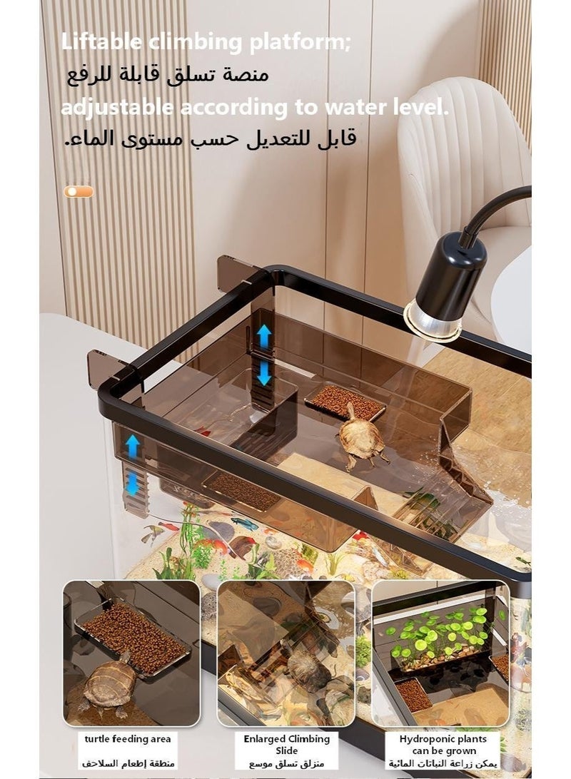 طقم حوض أسماك وسلاحف مكتبي متكامل، يشتمل على أداة تنظيف 5 في 1، ومصباح LED دافئ يُثبت بمشبك، ومضخة أكسجين، ومجموعة كاملة من الملحقات، ومحول طاقة (للمملكة المتحدة)، وحوض من الأكريليك الشفاف مزود بمنصة للتشمس. - Image 4