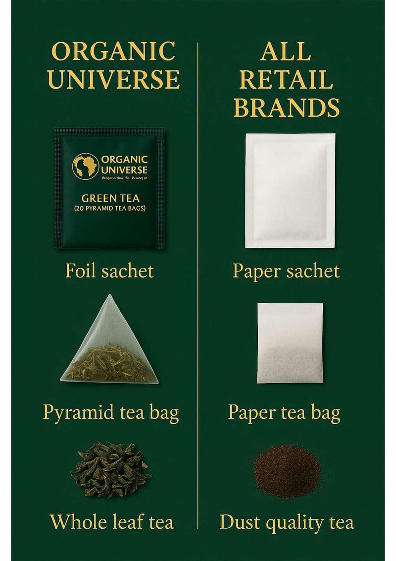 ORGANIC UNIVERSE Chamomile Green Tea Whole Leaf Tea | 20 Pyramid Tea Bags | Aromatic Flavours | 100% Organic Ingredients - Image 4