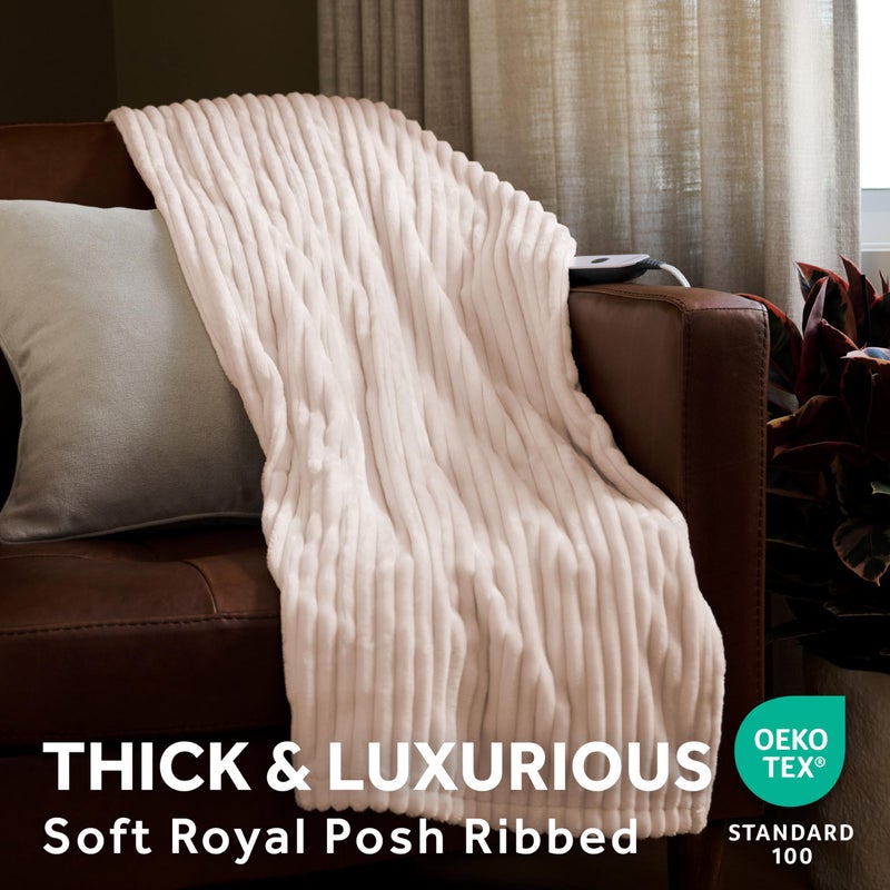 Sunbeam Electric Throw Royal Posh Velvet Heated Blanket, 4 Heat Settings, 4-Hour Auto Shut-Off, Fast Heating, Lush, Silky, and Ultra Comfy, Ribbed Champagne Color, 50" x 60" - Image 4