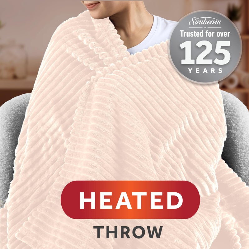 Sunbeam Electric Throw Royal Posh Velvet Heated Blanket, 4 Heat Settings, 4-Hour Auto Shut-Off, Fast Heating, Lush, Silky, and Ultra Comfy, Ribbed Champagne Color, 50" x 60" - Image 2