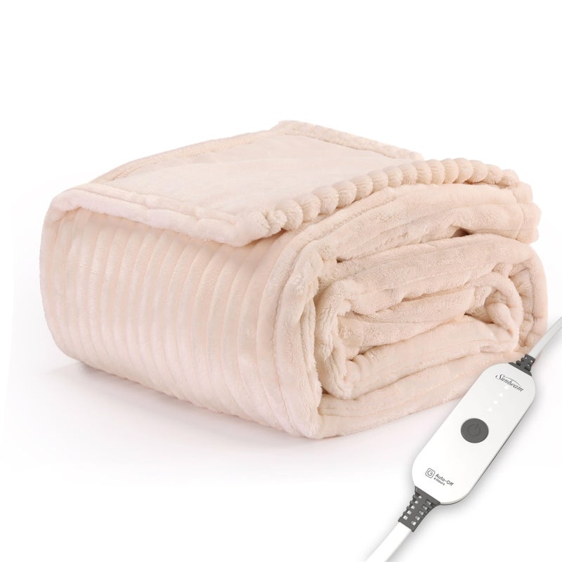Sunbeam Electric Throw Royal Posh Velvet Heated Blanket, 4 Heat Settings, 4-Hour Auto Shut-Off, Fast Heating, Lush, Silky, and Ultra Comfy, Ribbed Champagne Color, 50" x 60" - Image 1