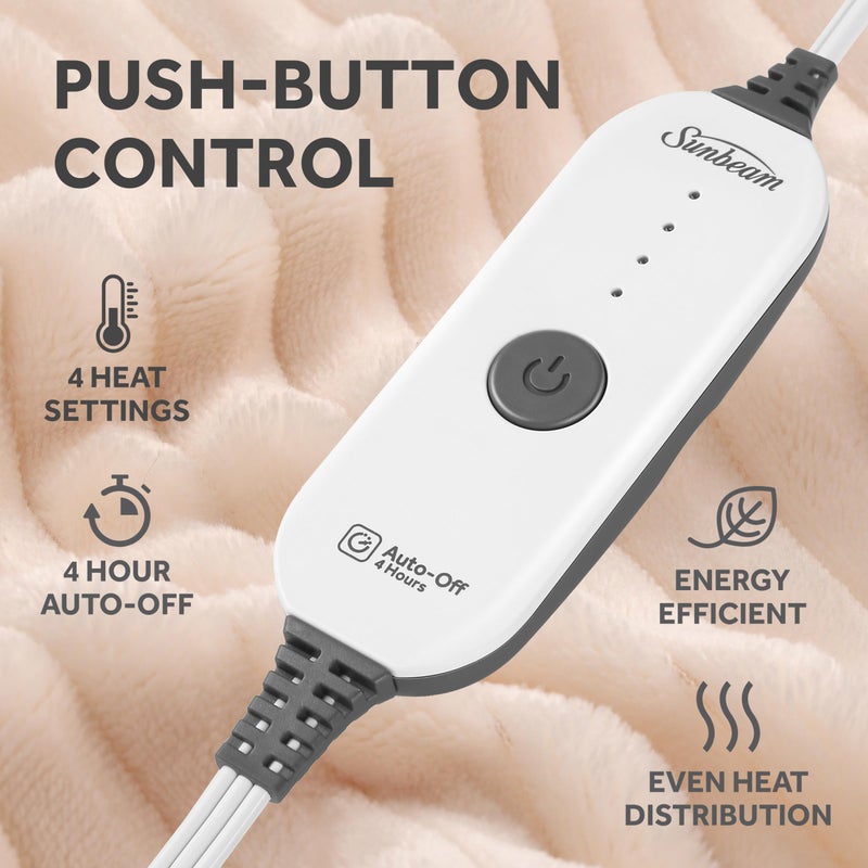 Sunbeam Electric Throw Royal Posh Velvet Heated Blanket, 4 Heat Settings, 4-Hour Auto Shut-Off, Fast Heating, Lush, Silky, and Ultra Comfy, Ribbed Champagne Color, 50" x 60" - Image 3