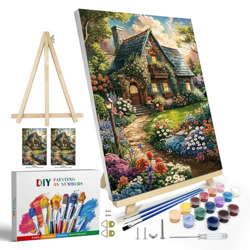 JOOZ Paint by Numbers Kit for Adults with Frame, Landscape Paint by Number Canvas, House Flowers Paint by Number with Easel, DIY Acrylic Oil Painting Kit for Home Wall Decor 8 x 12 Inch - Image 1
