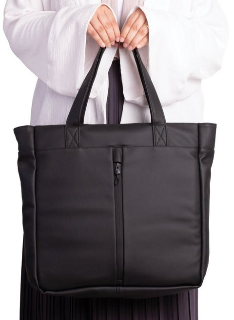 Ar Tote Bag by Arij Bags | Large Tote Bag for Laptop and Daily Use, Detachable and Adjustable Crossbody Strap, Spacious Main Compartment, Laptop Pocket, Multiple Inner Pockets and Quick Access Front Pocket (39 × 38 × 12 cm) (Black)
