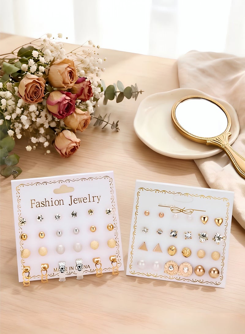 ووفيكسر مجموعة من 24 زوجًا من الأقراط المرصعة المتنوعة للنساء والفتيات، أقراط ذهبية وفضية مرصعة بالكريستال واللؤلؤ على شكل قلب ونجمة، عبوة هدايا مجوهرات أنيقة - Image 2