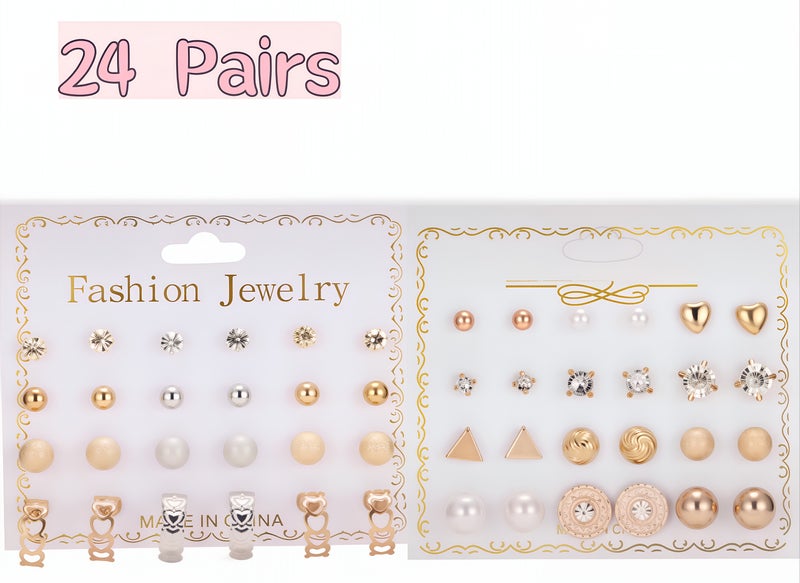ووفيكسر مجموعة من 24 زوجًا من الأقراط المرصعة المتنوعة للنساء والفتيات، أقراط ذهبية وفضية مرصعة بالكريستال واللؤلؤ على شكل قلب ونجمة، عبوة هدايا مجوهرات أنيقة - Image 1