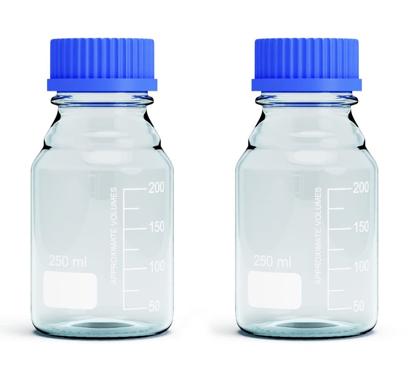 MorexLab Borosilicate Glass Bottles - 2pcs Round Media Storage Bottle - 250ml with GL45 Blue Screw Cap - Image 1