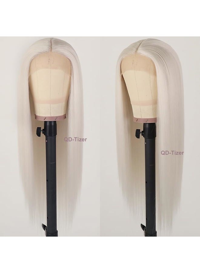 QD-Tizer Platinum White Hair Wig Long Straight Hair Wigs Natural Hairline Heat Resistant Synthetic T Part Lace Wigs for Fashion Women Platinum Blonde Synthetic Wig - Image 2