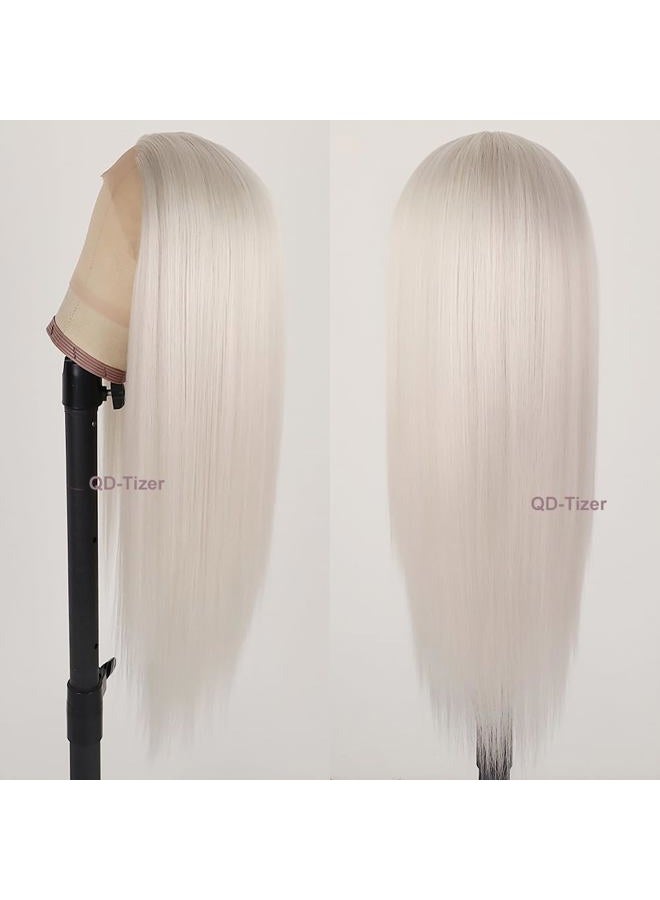 QD-Tizer Platinum White Hair Wig Long Straight Hair Wigs Natural Hairline Heat Resistant Synthetic T Part Lace Wigs for Fashion Women Platinum Blonde Synthetic Wig - Image 4