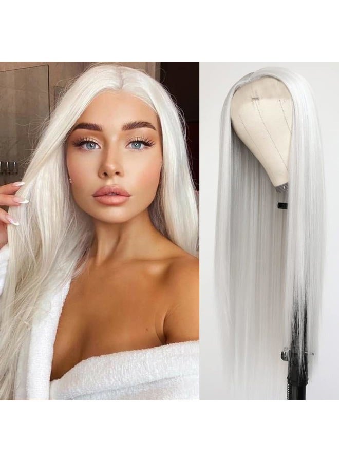 QD-Tizer Platinum White Hair Wig Long Straight Hair Wigs Natural Hairline Heat Resistant Synthetic T Part Lace Wigs for Fashion Women Platinum Blonde Synthetic Wig - Image 1
