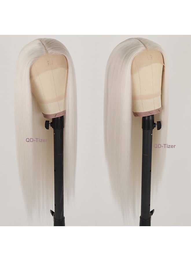 QD-Tizer Platinum White Hair Wig Long Straight Hair Wigs Natural Hairline Heat Resistant Synthetic T Part Lace Wigs for Fashion Women Platinum Blonde Synthetic Wig - Image 3
