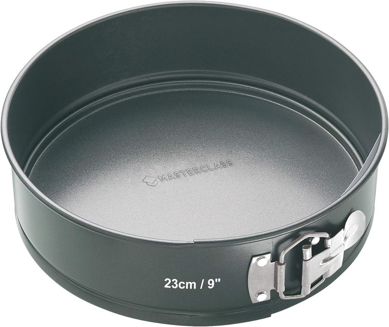 MasterClass NonStick Cake Tin for Baking with PTFE PFOA and BPA Free Non Stick Robust 1mm Thick Carbon Steel Spring Form Loose Base Round 23cm 9 Sleeved