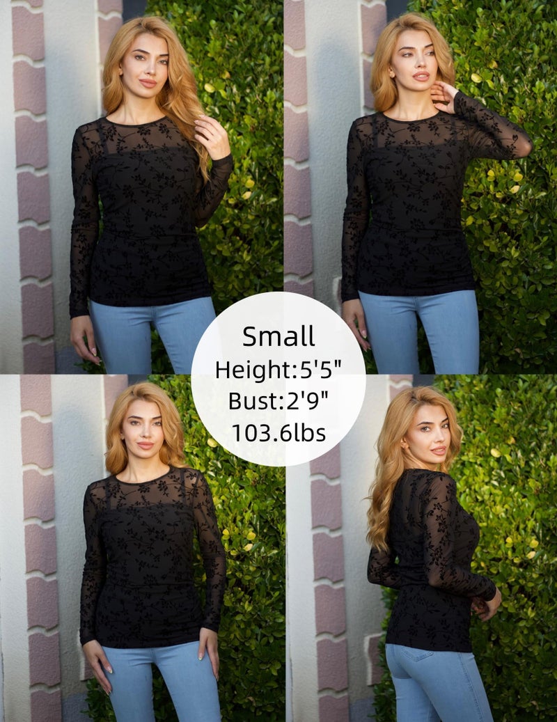 Zeagoo Women Mesh Tops Lace Sheer Long Sleeve Boho Blouses Crew Neck See Through Trendy Fall Shirts Concert Outfits - Image 5