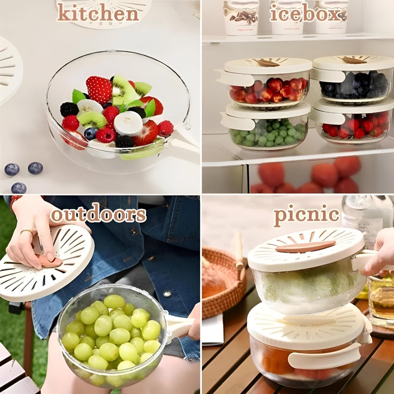 Multi-Function Bowl - A large, lid-covered, foldable-handle food prep station featuring a combined fruit filter and vegetable strainer compatible with refrigerator shelves, plus easy-drain design - Image 3
