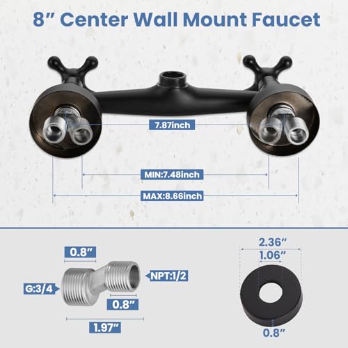 Airuida Wall Mount Kitchen Faucet with Sprayer Wall Mounted Kitchen Sink Faucet Double Cross Handles 360 Degree Swivel Spout Restaurant Mixer Tap Commercial 8 Inch Center-Matte Black - Image 5