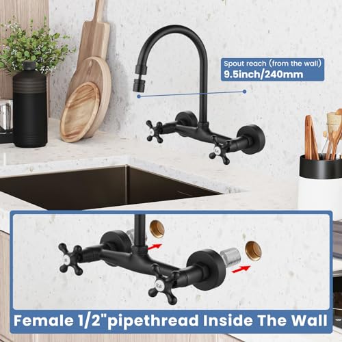 Airuida Wall Mount Kitchen Faucet with Sprayer Wall Mounted Kitchen Sink Faucet Double Cross Handles 360 Degree Swivel Spout Restaurant Mixer Tap Commercial 8 Inch Center-Matte Black - Image 3