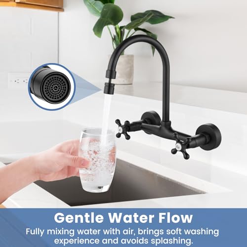 Airuida Wall Mount Kitchen Faucet with Sprayer Wall Mounted Kitchen Sink Faucet Double Cross Handles 360 Degree Swivel Spout Restaurant Mixer Tap Commercial 8 Inch Center-Matte Black - Image 2